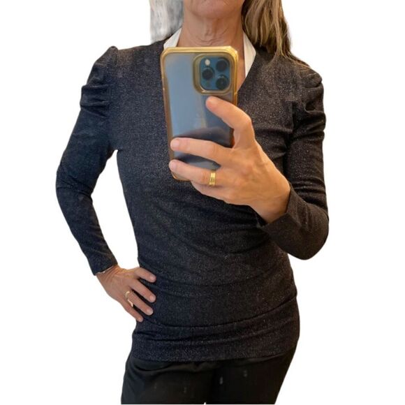 Inc International Concepts Black V Neck Puff Long Sleeves Metallic Sweater.Sz M - Picture 1 of 15